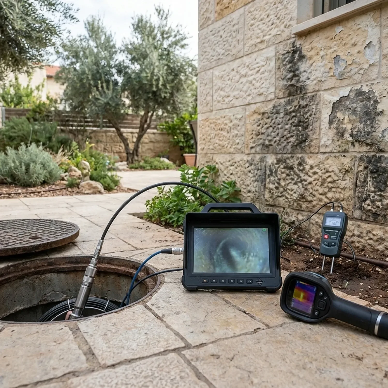 צילום מציאותי של איש מקצוע ישראלי לאיתור נזילות חובש כיפה על הראש ולבוש בבגדי עבודה נוחים ללא חליפה, כורע ליד שוחת ביוב פתוחה בחצר בית פרטי בישראל באור יום טבעי, ומביט במסך מוניטור של מצלמת סיב אופטי