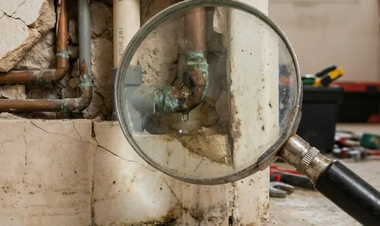 איור של בית בחתך, עם קווי צנרת נסתרים בקירות וברצפה. זכוכית מגדלת גדולה מתמקדת בנקודה אחת קטנה שממנה יוצאת דליפה זעירה.